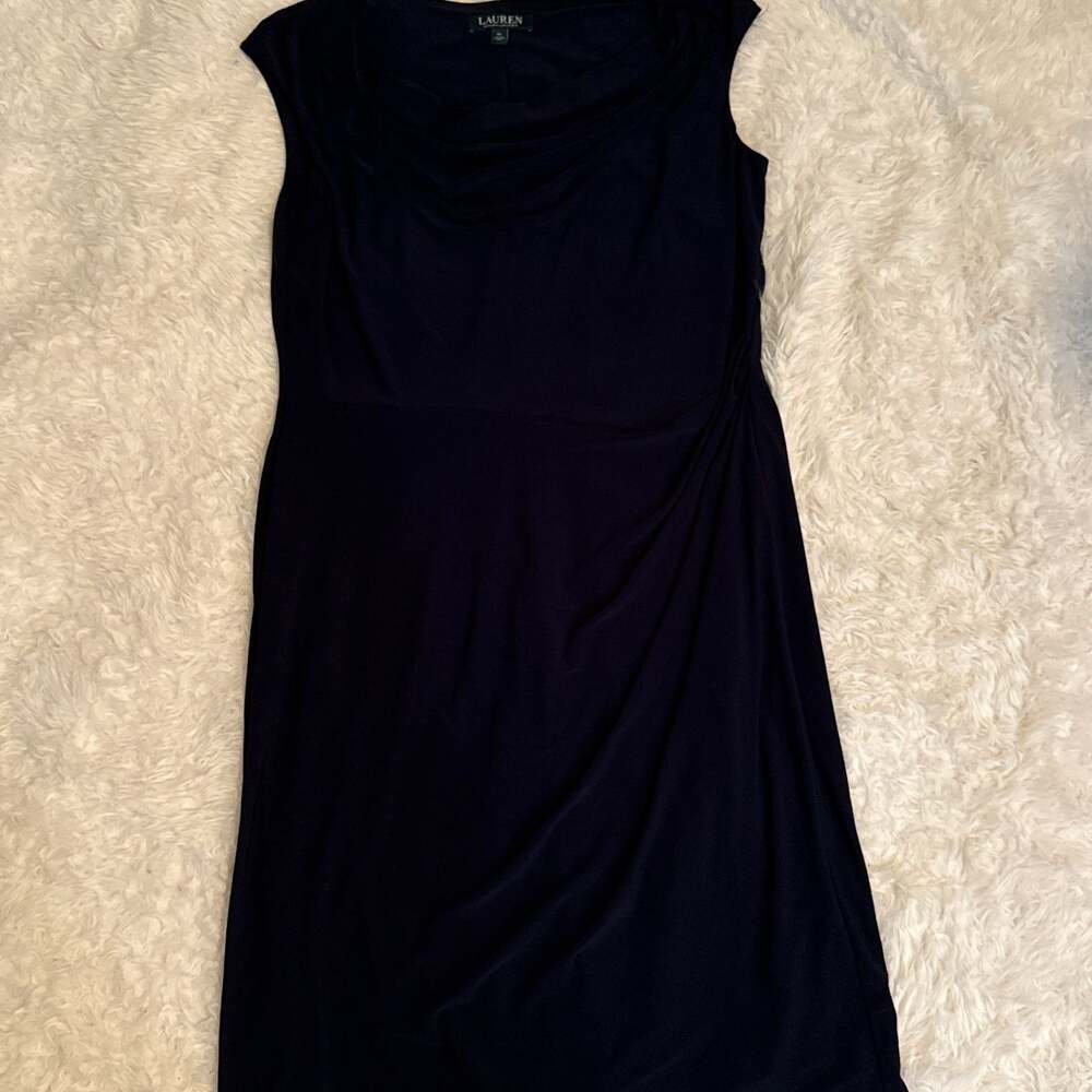 Lauren Ralph Lauren Sleeveless Cowl Neck Ruched Navy Blue‎ Jersey Sheath Dress